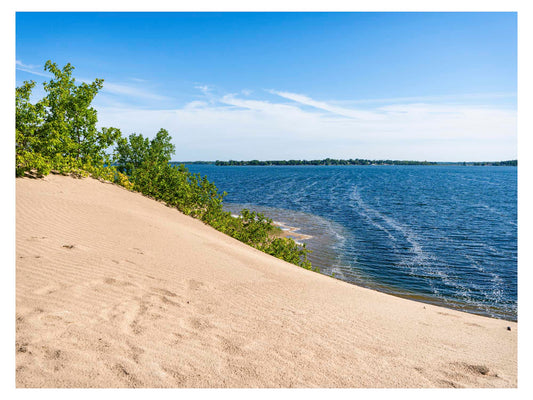 sand dune with green bush on top and water in distance.