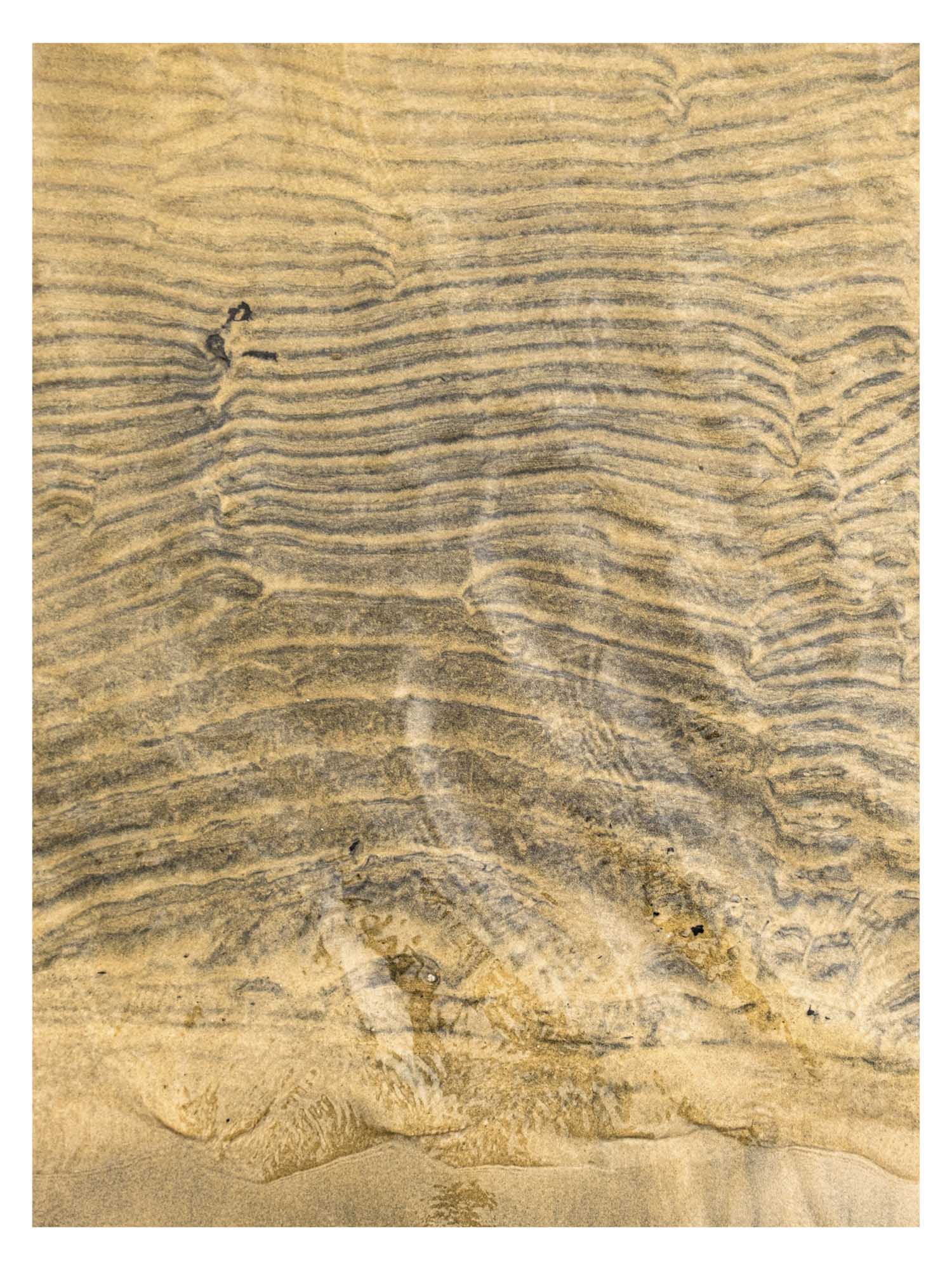 brown sand with current lines under shallow shoreline water.