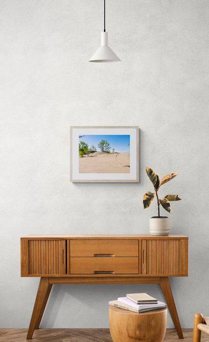 mockup of framed photo of sand and trees hanging above wooden console table.