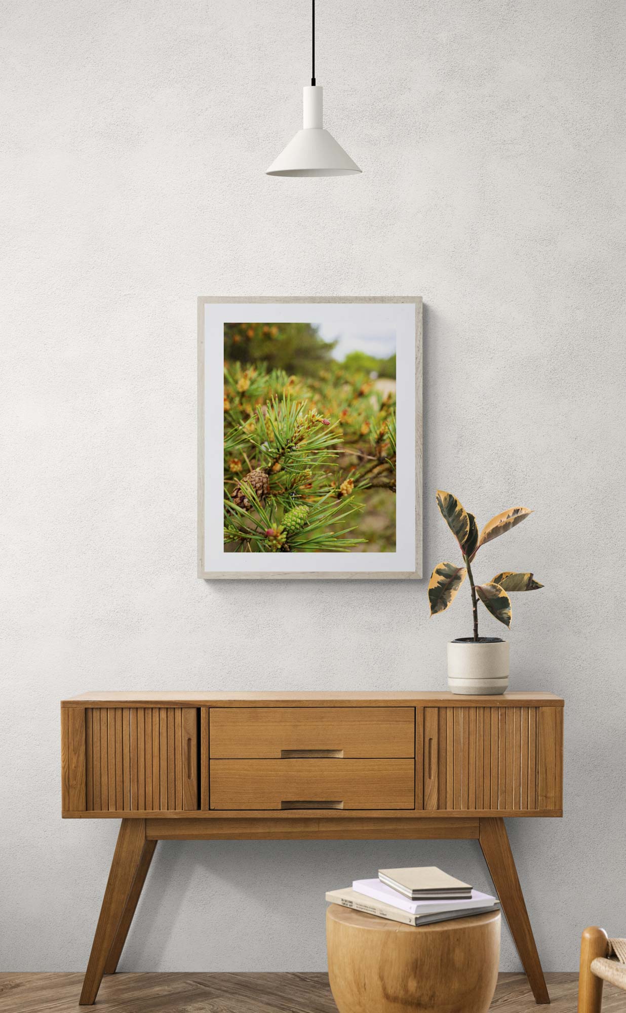 small framed photo of pine branch and pine cones hung above wooden console table.