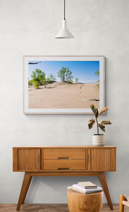 mockup of framed photo of sand and trees hanging above wooden console table.