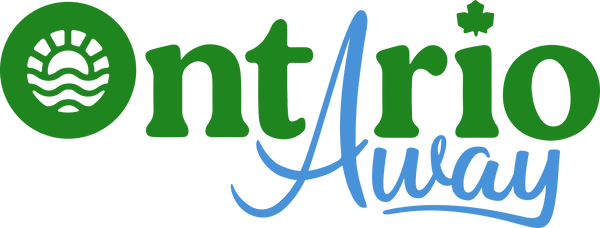 logo saying "ontario away" in green and blue colours with the "A" of away serving as the "a" in ontario.